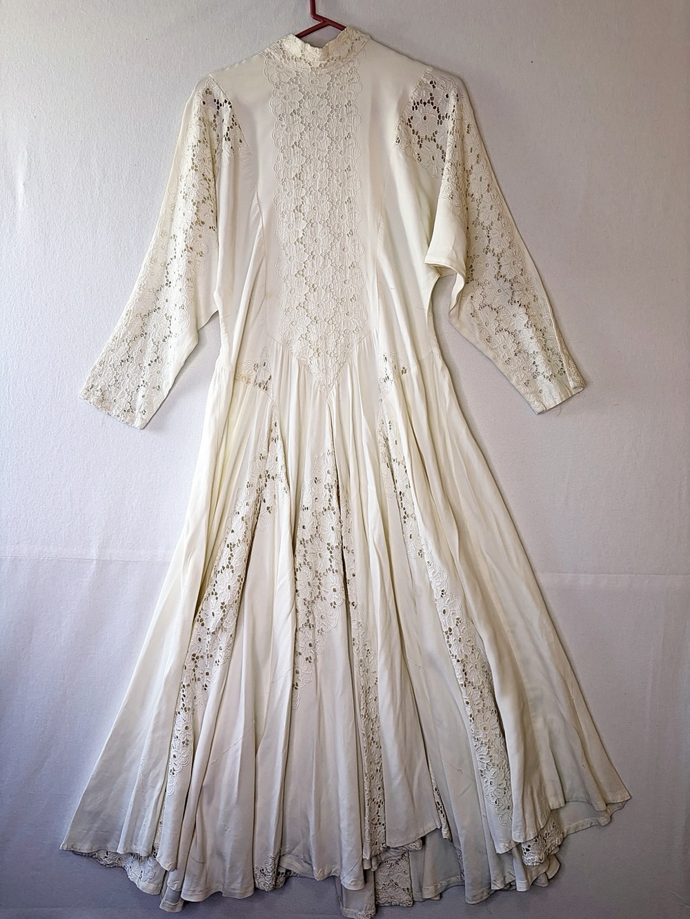 Vintage Ivory Eyelet Boho Maxi Dress Mock Neck Dolman Sleeve Godet Hem XS/S